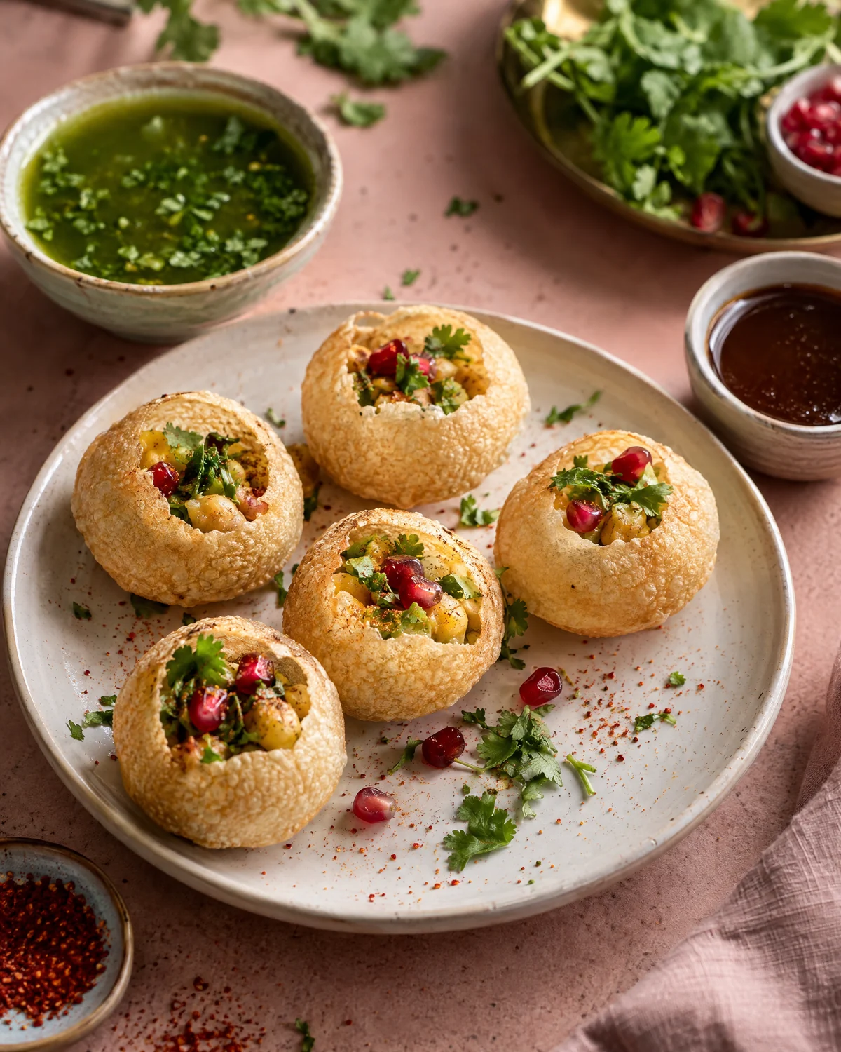 Illustrative Mumbai-style pani puri with mint and tamarind chutneys